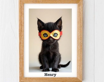 Children's Superhero Black Cat print, Kitten print superhero nursery gift