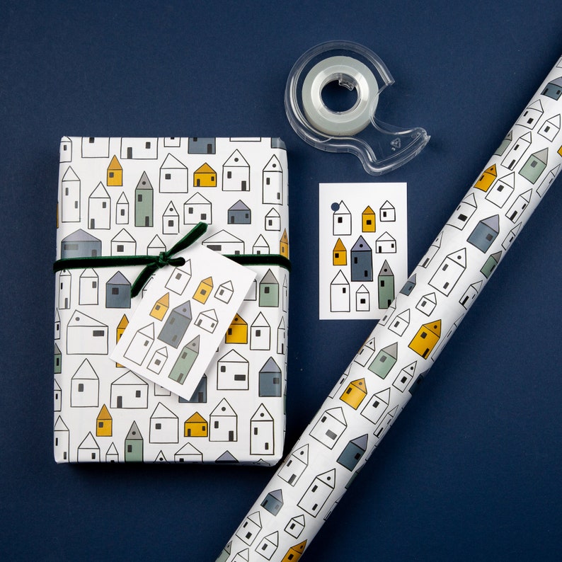 House Wrapping Paper Gift Tag Set Scandinavian Print House Etsy UK