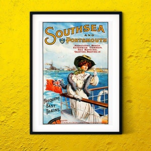 Southsea Train travel posters, Vintage Rail Travel Poster UK, England wall art travel print