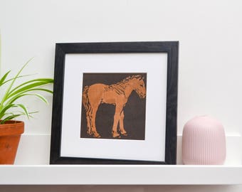 Horse illustration print - Square Framed Vintage Childrens Farmyard Animal Book or Kitchen Wall Art Print, pony or foal gift print