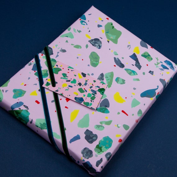 Pink Terazzo print gift wrap Set, Pink wrapping paper unique gift wrap chic wrapping paper, Terrazzo pattern chic wrapping paper