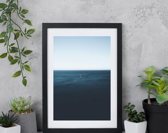 Relaxing Ocean Print, blue water photography boat print Calm Water Print Smooth Ocean Print, Chill Landscape Horizon calm sea Print