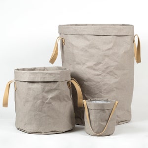 Grey Laundry Basket Washable paper Bag Collapsible Hamper, paper storage basket, Soft Long Handle Decorative Basket 画像 5