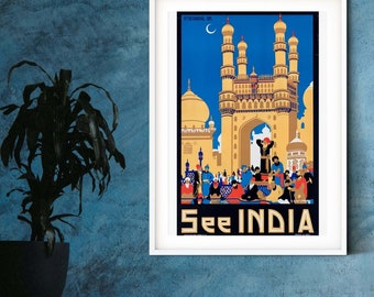 Vea la impresión de viaje vintage de la India, cartel de viaje art déco de la India, arte de la pared del cartel de la India para el hogar, impresión de Visite la India