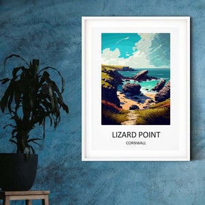 May include: A colourful illustration of a coastal scene with a rocky beach, turquoise water, and a path leading to the shore. The text "Lizard Point, Cornwall" is at the bottom of the image.