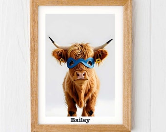 Baby highland cow print, highland cow personalised name nursery print