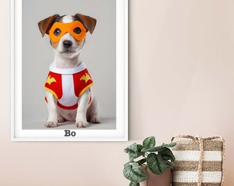 Children's Superhero Dog print, Baby animal Jack Russell puppy print, personalised superhero gift