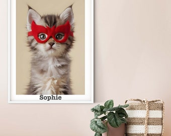 Portrait de chat super-héros pour enfants, cadeau de super-héros imprimé chaton moelleux