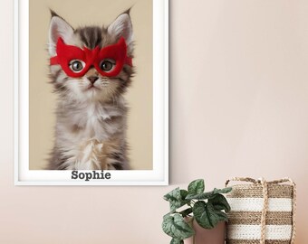 Children's Superhero Cat portrait, Fluffy Kitten print superhero gift