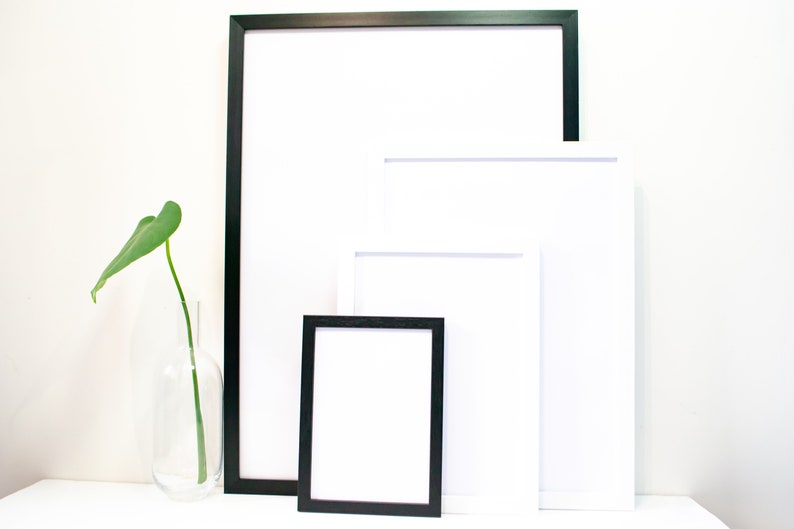 May include: Three picture frames of different sizes, one black and two white, are arranged on a white surface. The largest frame is black and the two smaller frames are white. A single green leaf is in a clear glass vase.