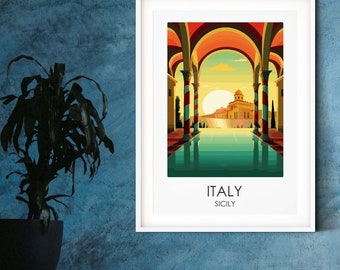 Italy Sicily destination print, modern prints of cities holiday resorts personalised travel poster