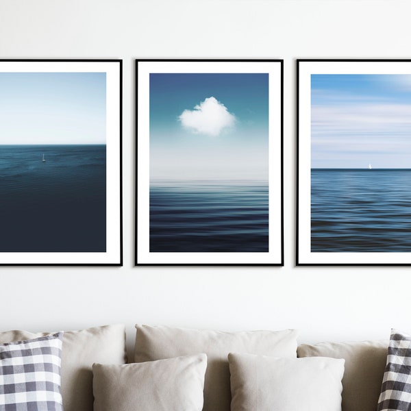 Framed Set of 3 prints Relaxing Ocean Print Calm Water Calm Sea Print Smooth Ocean Print, Chill Landscape Horizon Minimalist Print