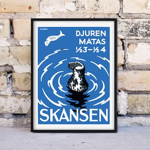 Impresión publicitaria antigua enmarcada, cartel vintage 'Skansen', cartel publicitario del zoológico vintage de arte de foca, cartel sueco