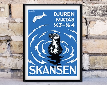 Framed Antique Advertising Print, 'Skansen' vintage poster, seal art vintage zoo advertising sign, Swedish poster
