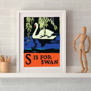 Impresión de cisne enmarcada, S es para impresión del alfabeto de cisne, impresión de letra S, alfabeto ilustrado ABC Impresión de arte de pájaro, regalo inicial S Decoración de cisne