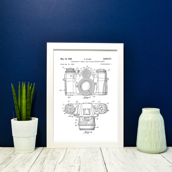 Framed camera patent art print, photography blueprint patent poster vintage camera wall art. A5, A4, A3, A2