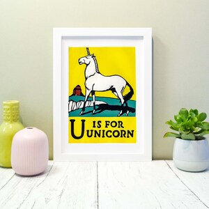 Unicorn Framed Vintage Illustration print-Childrens Alphabet Animal Print, U is for unicorn ABC Wall Art Nursery Decor