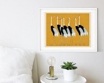Framed Art Japanese Cranes Print, Flock of Cranes Woodblock Poster 7 Cranes Print Japanese Vintage Decor Ukiyo e Japanese Birds Poster