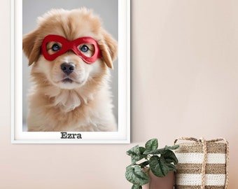 Children's Superhero Dog print, Golden Retriever puppy print superhero nursery personalised gift