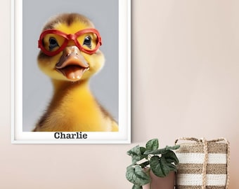 Children's Superhero Duck print, yellow duckling bib personalised nursery name prints