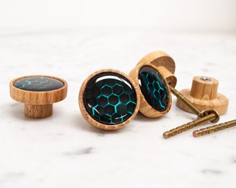 Geometric Oak Knob, honeycomb pattern round drawer knob, modern knob handle, Black & blue contemporary knobs upcycled furniture hardware