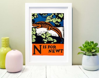 Framed Newt Alphabet Print, N is for newt, Childrens Illustration Animal Print, N is for Newt ABC Wall Art Nursery Decor
