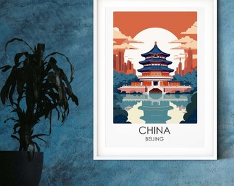 China Beijing landmark print, world cities art modern travel prints of cities, personalised travel poster