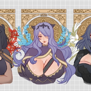 May include: Three illustrations of female characters with different coloured hair and outfits. The character on the left has dark hair and is wearing a black and gold outfit. The character in the middle has purple hair and is wearing a purple and gold outfit. The character on the right has dark blue hair and is wearing a black and gold outfit.