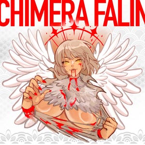 May include: An illustration featuring a character with angel wings, torn clothing, and blood details. The character has blonde hair, yellow eyes, and red accents. The text "CHIMERA FALIN" is displayed in red at the top of the image.