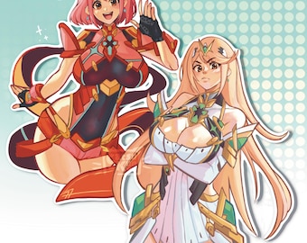 May include: Two anime-style character illustrations. One character has pink hair and wears a red and black outfit. The other character has long blonde hair and a white and gold outfit. Both are on a light blue background.