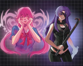 Puede incluir: Ilustración digital de dos personajes femeninos estilo anime. Una tiene cabello rosa y se toca la cara, rodeada por un aura rosa en forma de corazón. La otra tiene cabello morado, un parche en el ojo y sostiene una palanca negra y roja, sobre un fondo de cuadrícula.