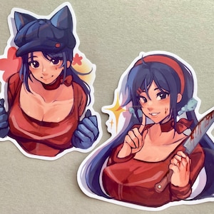 May include: Two die-cut stickers featuring anime-style illustrations of a woman in a red top. One sticker shows the woman wearing a blue hat and gloves. The other shows her holding a bloody knife with a red headband.