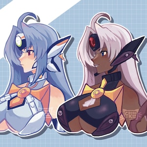 Könnte beinhalten: Zwei Anime-Charaktere mit langen, fließenden Haaren. Ein Charakter hat blaue Haare und trägt ein weißes und orangefarbenes Outfit. Der andere Charakter hat weiße Haare und trägt ein schwarzes und gelbes Outfit.