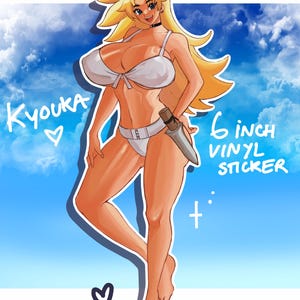 May include: A 6-inch vinyl sticker featuring an anime-style illustration of a woman with long blonde hair, wearing a white bikini and holding a knife. The background is a blue sky with clouds. The sticker has the text "Kyouka" and "6 inch vinyl sticker".