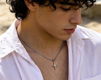 North Star Necklace Silver Pendant Mens Minimalist Celestial Jewelry Gift for Him