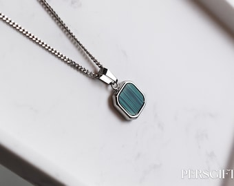 Collier pendentif en onyx vert pour homme et femme, collier en pierre, bijoux, pendentif carré en acier inoxydable 2 MM 3 MM Pendentif en pierre de quartz verte