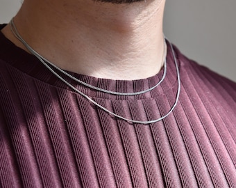 Chaîne Connell coupe plate anti-ternissement 1 mm en acier inoxydable argenté collier chaîne gourmette fermoir mousqueton unisexe petite amie petit ami cadeau pour lui