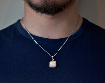Collier pendentif perle blanche en onyx pour homme et femme, bijoux collier en pierre, pendentif carré en acier inoxydable 2 MM 3 MM Pendentif en pierre de quartz blanc