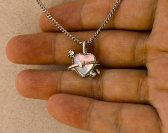 Collier pendentif cœur planète opale rose et bleu en cristal, cadeau Y2K pour elle