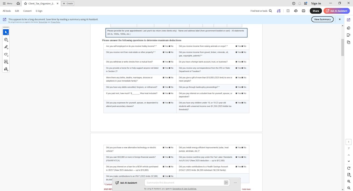 Updated for 2025 OBBBA Standard Client Tax Organizer INSTANT DOWNLOAD