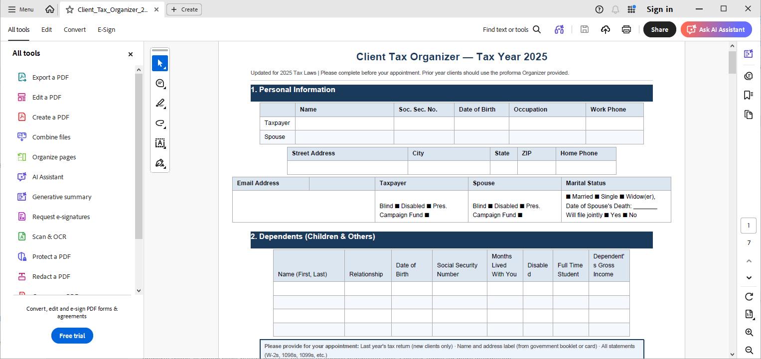 Updated for 2025 OBBBA Standard Client Tax Organizer INSTANT DOWNLOAD