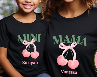 Coquette Cherry And Bow TShirt, Mama Mini Matching Coquette Aesthetic Mommy and Me Custom Name Tshirt Personalized New Mom Gift