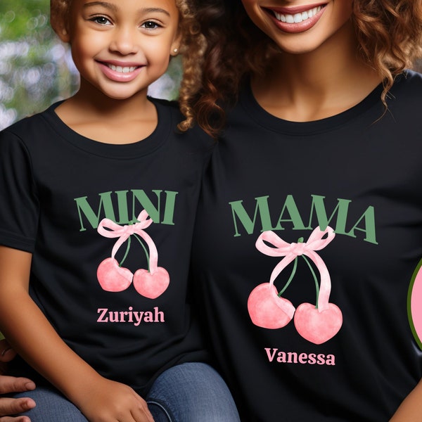 Coquette Cherry And Bow TShirt, Mama Mini Matching Coquette Aesthetic Mommy and Me Custom Name Tshirt Personalized New Mom Gift