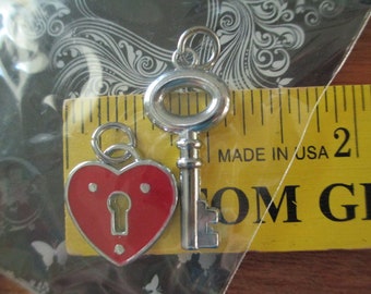 Silver Key and Red Heart Charm Set. Embellishments. Paper Ephemera Craft. Junk Journals. Scrapbook Supply. Bookmarks. Journal Decor