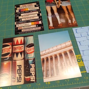 May include: A collection of retro-themed images. One features stacked VHS tapes with movie titles like "Back to the Future" and "The Goonies." Another shows roller skaters. A third displays Pepsi cans, and the last shows a building with columns.