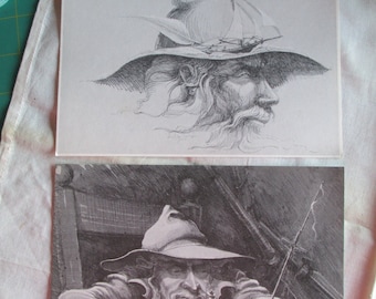 Vintage Set of 2 Buckley Smith Designs Postcards" Sailing On My Mind" and "Visitation" in Pen and Ink Wash. Marine Art. Wall Art. Sea Artist