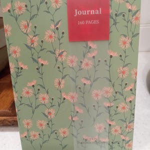 May include: A floral journal with a green background and pink flowers. The journal has a red band that reads "Journal 160 PAGES". The journal measures 8 in x 6 in (20 cm x 15.24 cm).