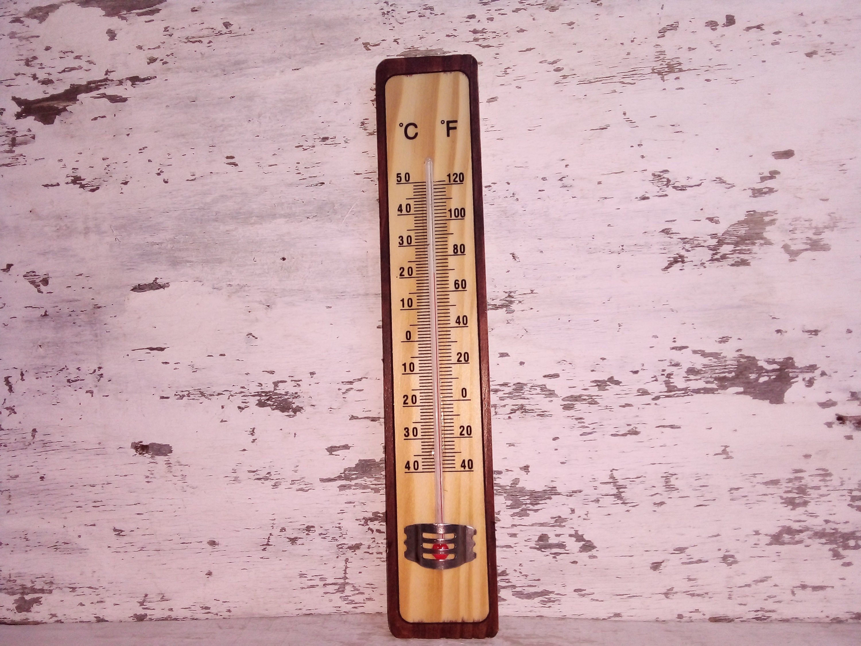 An outdoor thermometer hanging on the wall of a wooden garden shed