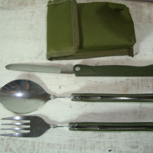 Vintage Utensils Picnic Set, Set of Folding Fork, Spoon, Knife, Stainless Steel Cutlery Set in Original Textile Package, Military Equipment