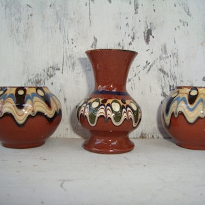 Vintage Bulgarian Ceramic Mini vase, Traditional  Art Pottery, Handmade Glazed Clay Small cup, Hand Painted Decorative , Souvenir,set of 3